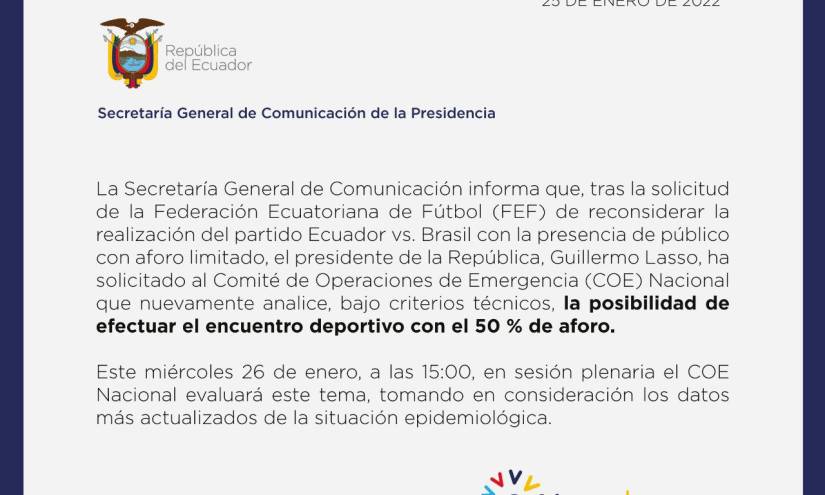 Lasso pide al COE Nacional que analice posibilidad de que haya público en el Ecuador-Brasil
