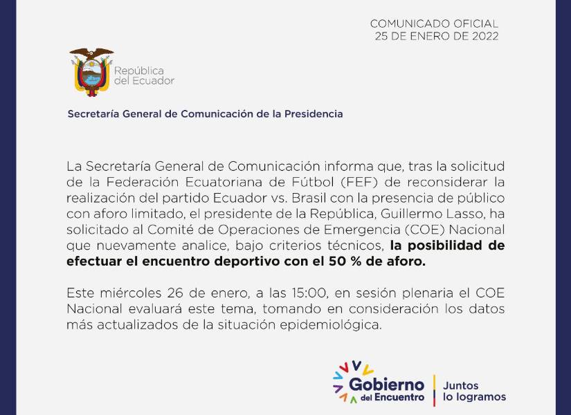 Lasso pide al COE Nacional que analice posibilidad de que haya público en el Ecuador-Brasil