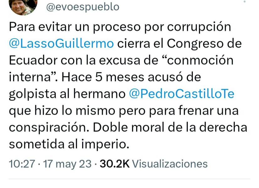 Tuit de Evo Morales en Bolivia