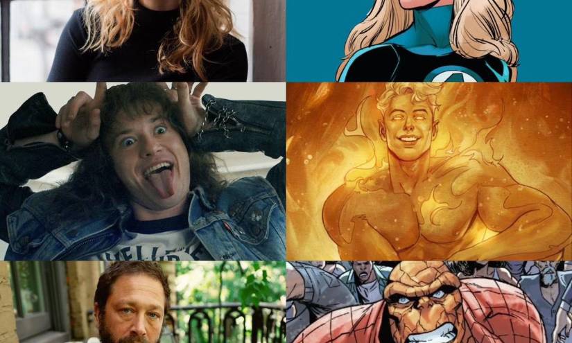 De arriba a abajo, Vanessa Kirby como La mujer invisible, Joseph Quinn como Johnny Storm y Ebon Moss-Bachrach como La cosa.