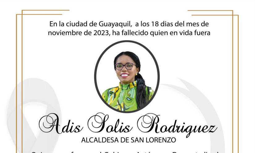 La alcaldesa de San Lorenzo, Adis Solis, falleció en Guayaquil