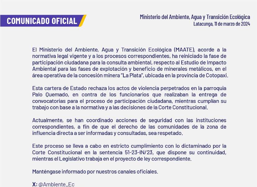 Ambiente rechaza actos de violencia en protesta antiminera en Palo Quemado, Cotopaxi