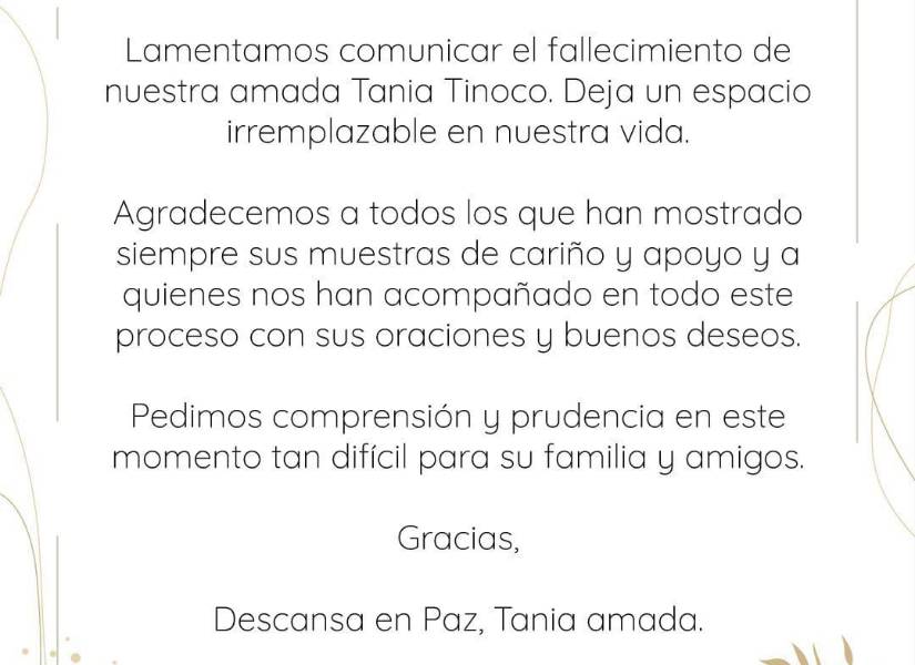 Comunicado de la familia de Tania Tinoco.