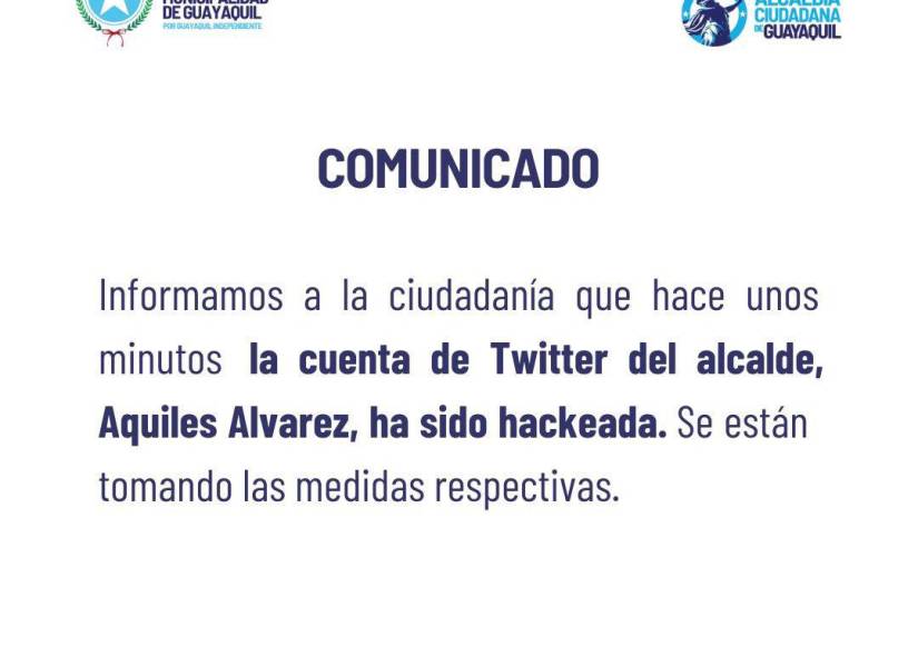 La cuenta de Twitter de Aquiles Álvarez, alcalde de Guayaquil, fue hackeada
