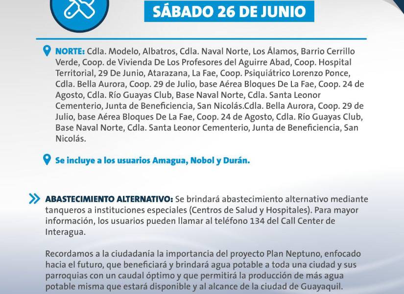 Conozca los sectores que no tendrán servicio de agua potable este fin de semana en Guayaquil