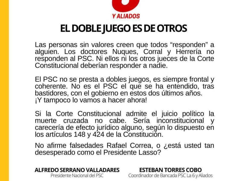 Los aliados por el juicio político a Lasso se pelean: PSC y correísmo se acusan de 'doble juego' y de presunta influencia en la Corte