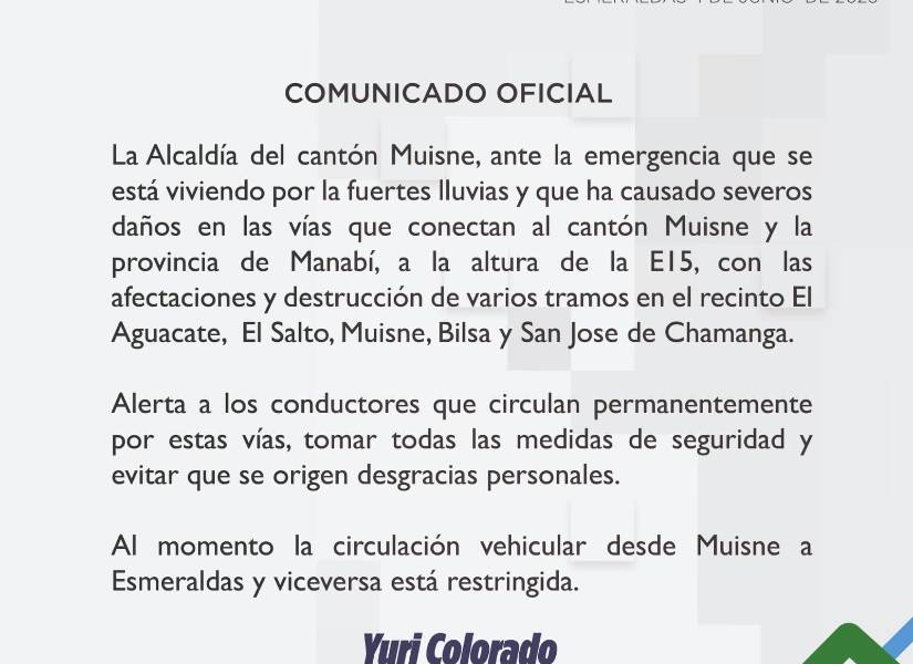 El alcalde del cantón Muisne, Yuri Colorado, alertó a la población ante la emergencia.