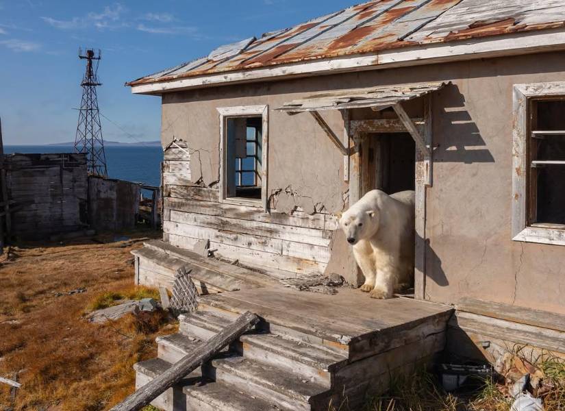 Un oso polar en la entrada de la estación de investigación rusa abandonada