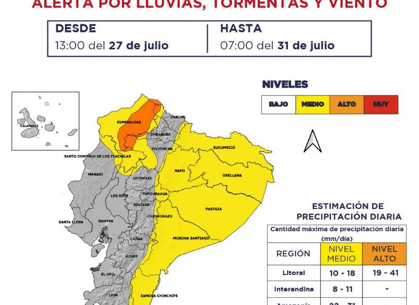 Imagen de las provincias que tendrán lluvias de variables intensidad hasta el 31 de julio, según el INAMHI.