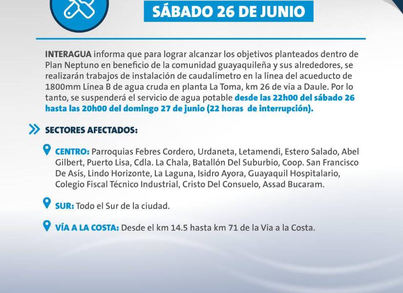 Conozca los sectores que no tendrán servicio de agua potable este fin de semana en Guayaquil