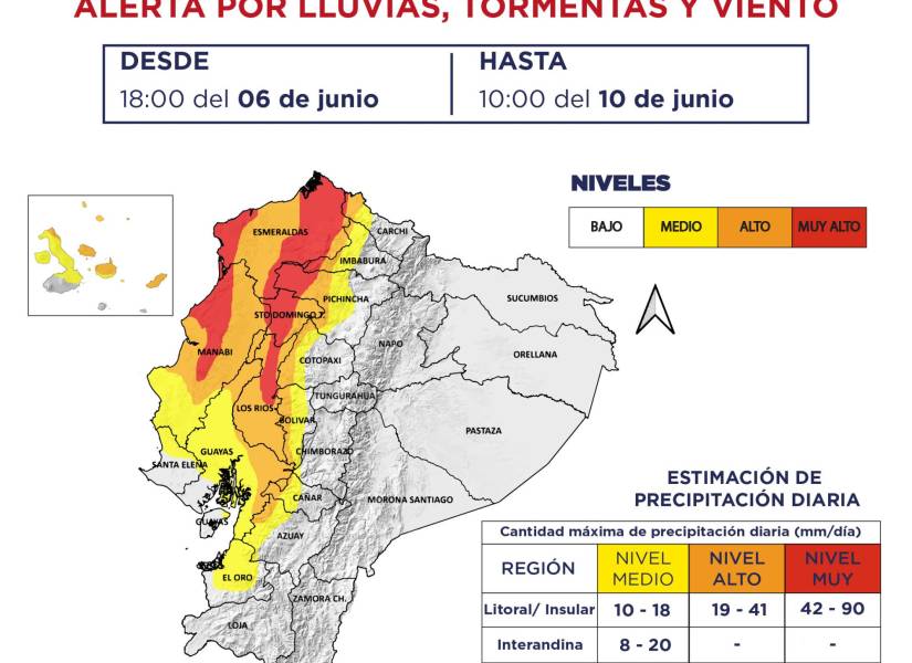 El Inamhi pronostica más lluvias intensas en Esmeraldas en los próximos 4 días