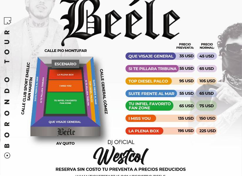 Precios de cada localidad del concierto de Beéle en Guayaquil.