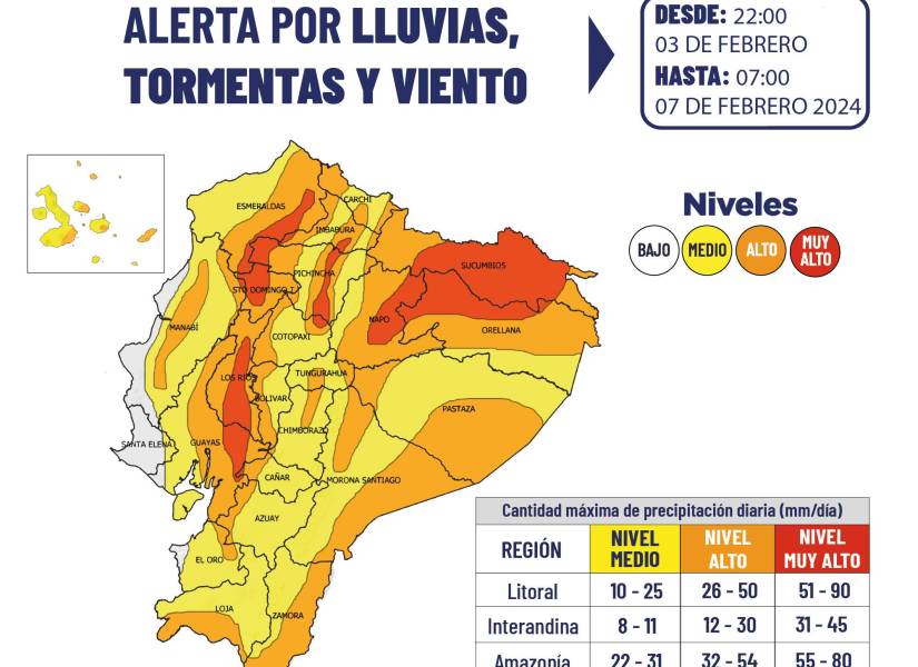 Mapa de precipitaciones en Ecuador hasta el 7 de febrero.