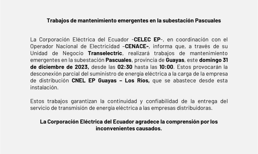 Imagen del comunicado de la Corporación Eléctrica del Ecuador.
