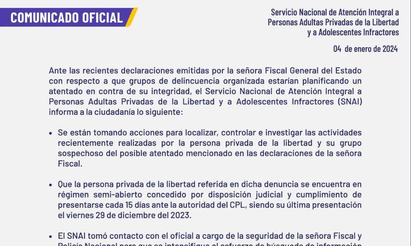 El SNAI se pronunció a través de un comunicado en redes sociales.