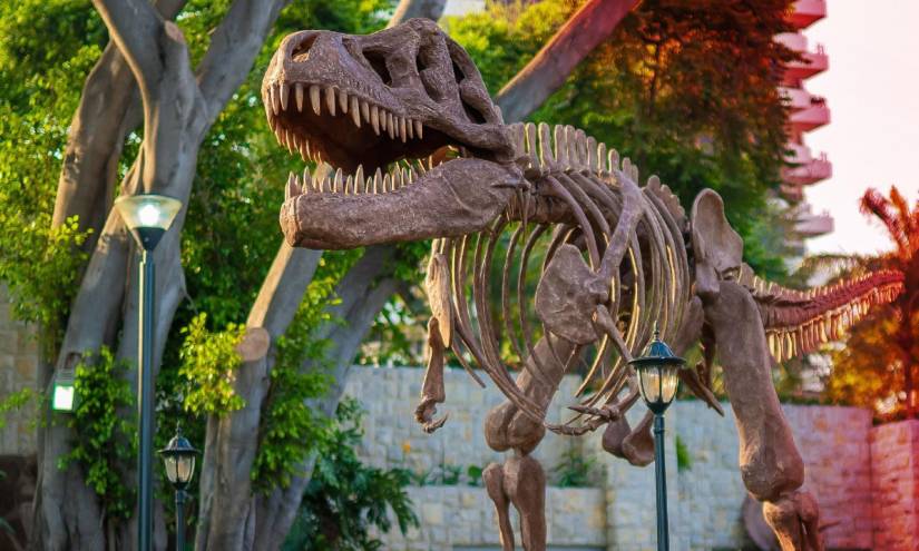 Muestra de uno de los 35 dinosaurios gigantes que se exhiben en el Malecón 2000 en Guayaquil.