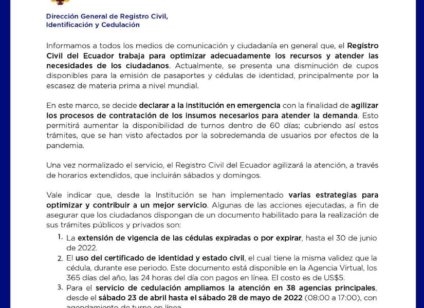 Comunicado en el que se anuncian las nuevas disposiciones.