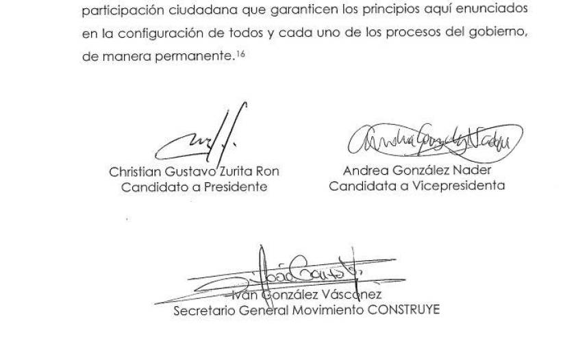 En la última página, donde constan los mecanismos de rendición de cuentas, aparece la firma de Christian Zurita como candidato a la Presidencia.