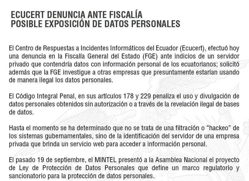 Alertan sobre nueva filtración de datos &quot;súper privados&quot; de ecuatorianos