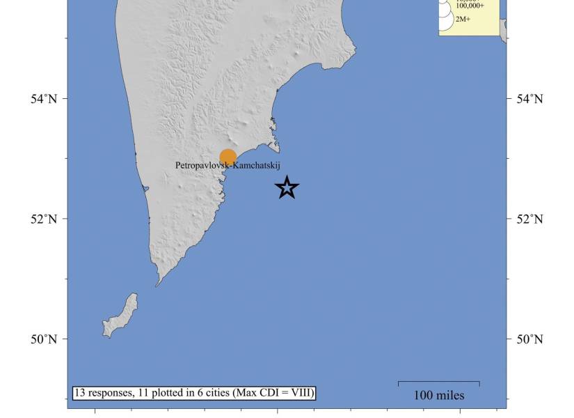 Imagen cedida por el Servicio Geológico de Estados Unidos (USGS) que muestra el punto origen del terremoto de magnitud 8,7 este martes, en la península rusa de Kamchatka (Rusia). EFE/ USGS