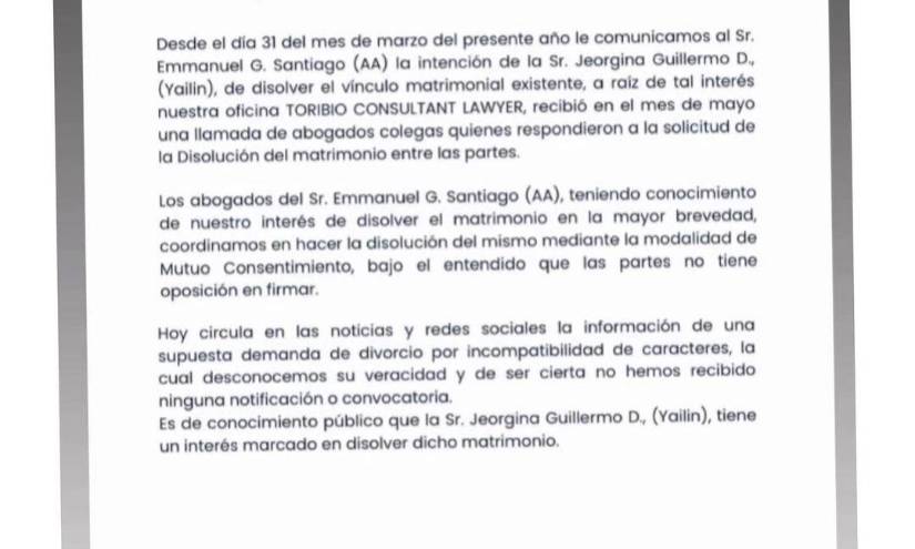 Imagen del comunicado de los abogados de Yailin La Más Viral.