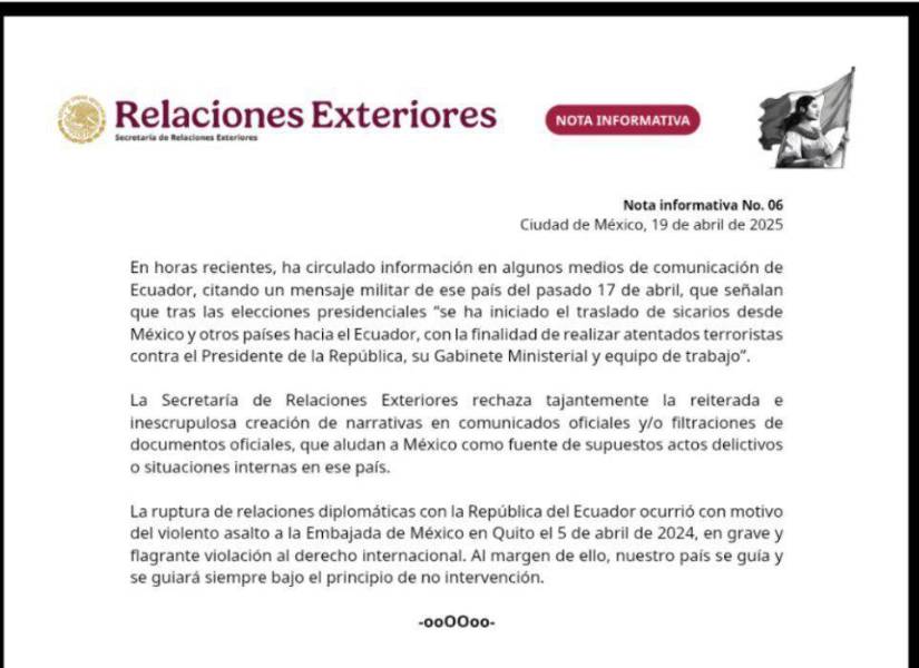 México rechaza ser fuente de actos delictivos contra presidente Daniel Noboa