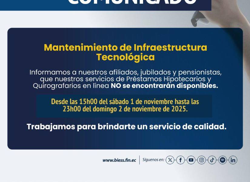 Imagen del comunicado del BIESS sobre el mantenimiento de su plataforma este 1 y 2 de noviembre.