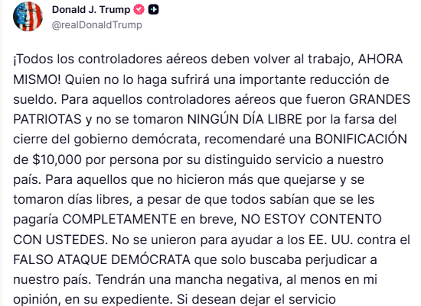 Trump exige a controladores aéreos volver al trabajo pese al cierre de Gobierno