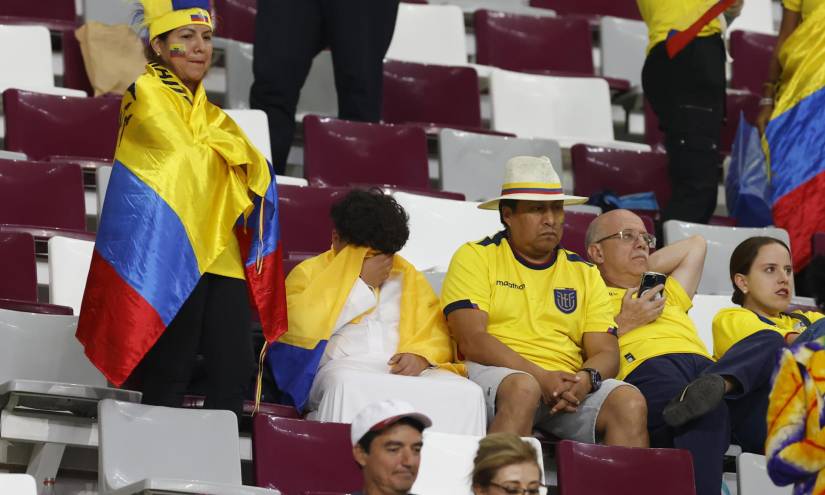 GR2157. DOHA (CATAR), 29/11/2022.- Aficionados de Ecuador reaccionan hoy, al final de un partido de la fase de grupos del Mundial de Fútbol Qatar 2022 entre Ecuador y Senegal en el estadio Internacional Jalifa en Doha (Catar). EFE/ Esteban Biba