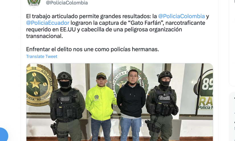 La Policía de Colombia destacó el trabajo articulado para lograr la captura de alias 'Gato Farfán'.