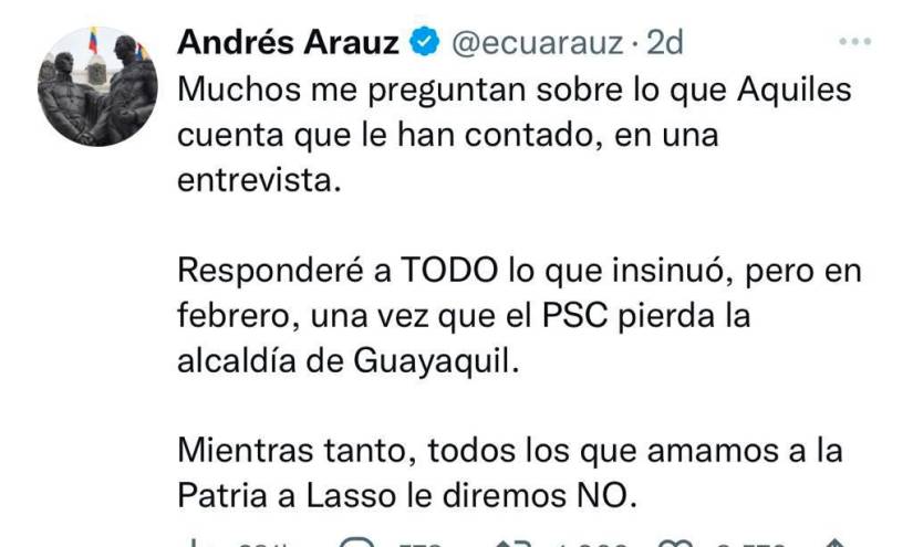Marcela Aguiñaga dice que Andrés Arauz comenzó el problema con Aquiles Álvarez