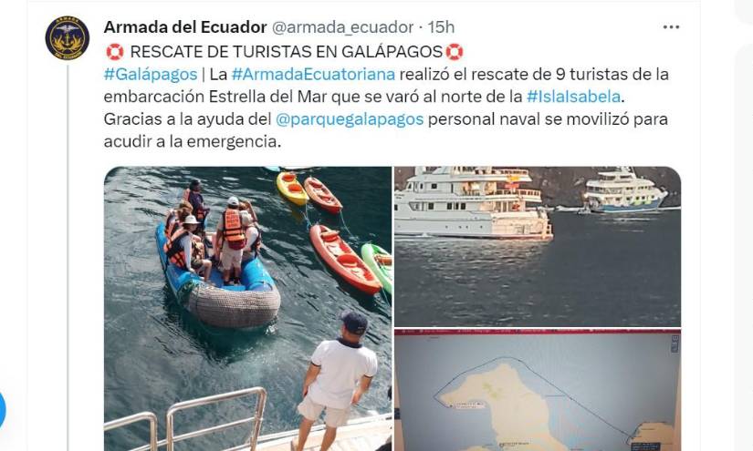 La Armada rescata a nueve turistas de una embarcación que se varó en Galápagos
