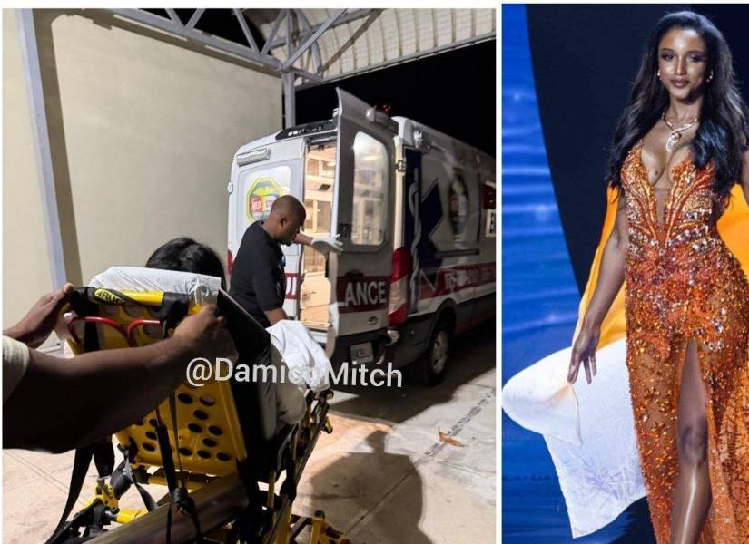 Miss Jamaica siendo trasladada en ambulancia.