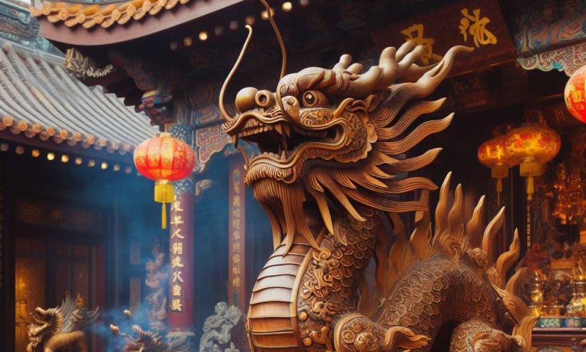 Recreación de un dragón de madera en un templo chino.