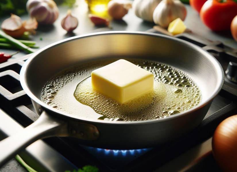 Mantequilla sobre una sartén de acero.