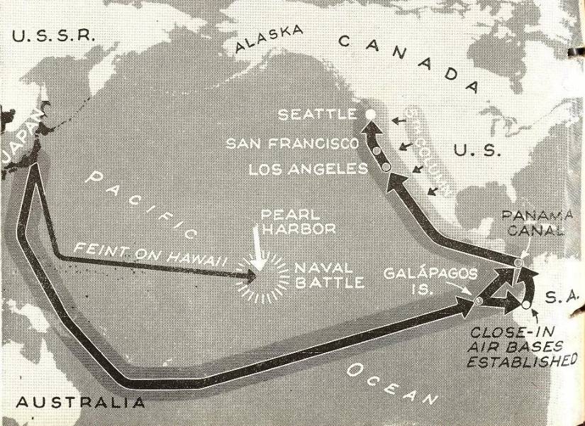 Ilustración que muestra la distancia del ataque de Pearl Harbor con la ubicación de las Islas Galápagos y el canal de Panamá.