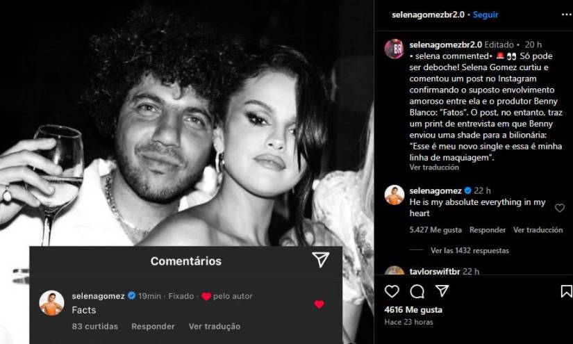 Captura del comentario de Selena Gómez confirmando su relación con Benny Blanco.