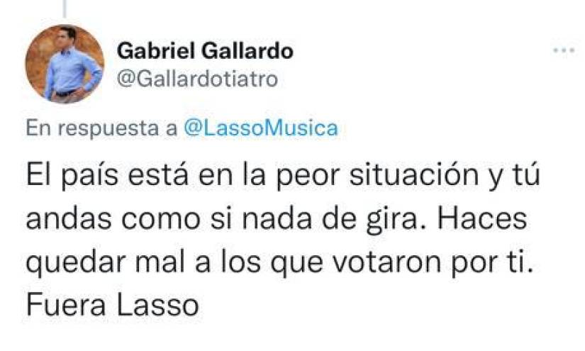 Un usuario de Twitter reclama al cantante Lasso presumiendo que es el presidente de la República, Guillermo Lasso.