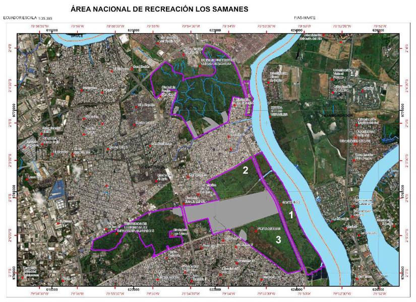 Las zonas verdes remarcadas con morado son gestionadas por el Ministerio de Ambiente. Las zonas grises remarcadas en color morado son del Municipio de Guayaquil.