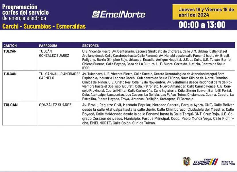 Apagones en Ecuador | Estos son los horarios de los cortes de energía para el jueves 18 de abril en todas las provincias