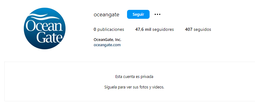 Imagen de la cuenta de Instagram de OceanGate, donde se ve que se encuentra privada y ha borrado todas sus publicaciones.