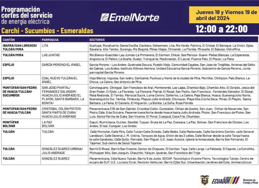 Apagones en Ecuador | Estos son los horarios de los cortes de energía para el jueves 18 de abril en todas las provincias