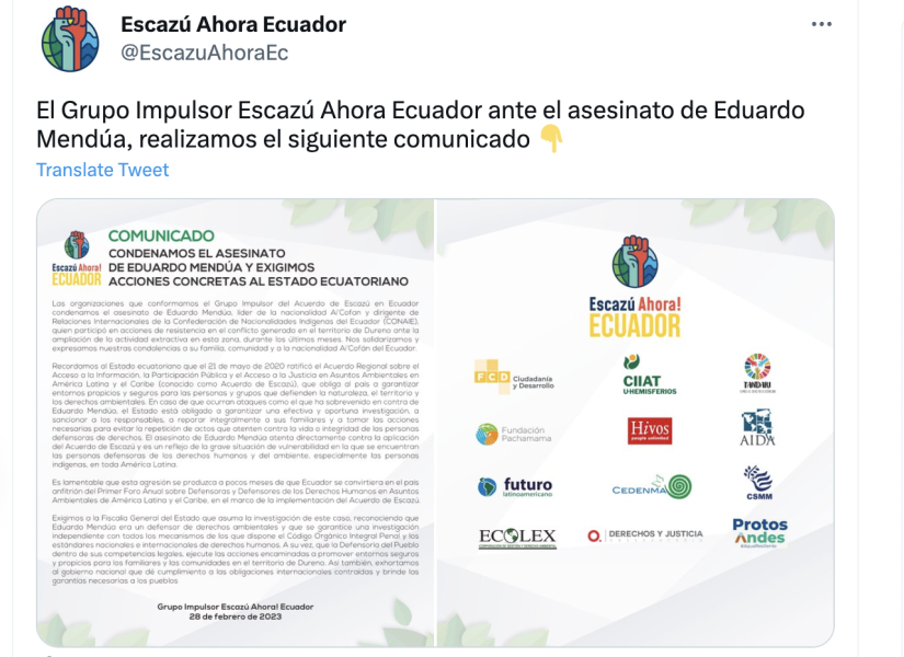 El Grupo Impulsor Escazú le recordó a las autoridades ecuatorianas que el país debe garantizar entornos seguros para los grupos que defienden la naturaleza.