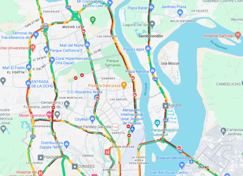 Imagen de las vías más congestionadas en el norte de Guayaquil y Samborondón.