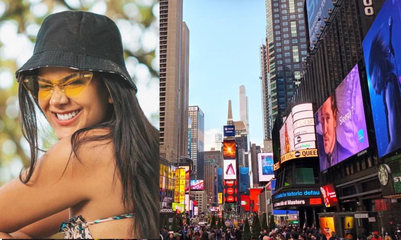 El momento en que Michela Pincay aparece en el Times Square