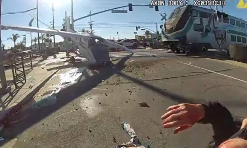 El increíble rescate de un piloto segundos antes de que su avioneta fuera arrollada por un tren en Los Ángeles