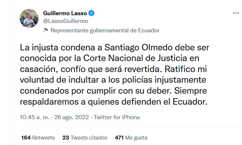 El presidente anunció su voluntad para indultar al policía Santiago Olmedo.