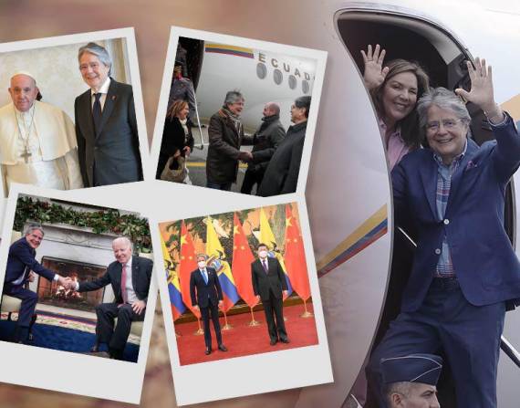 El presidente Guillermo Lasso, como se ve en la composición fotográfica, ha viajado a distintos países desde junio de 2021; siendo este año el que más desplazamientos hizo.