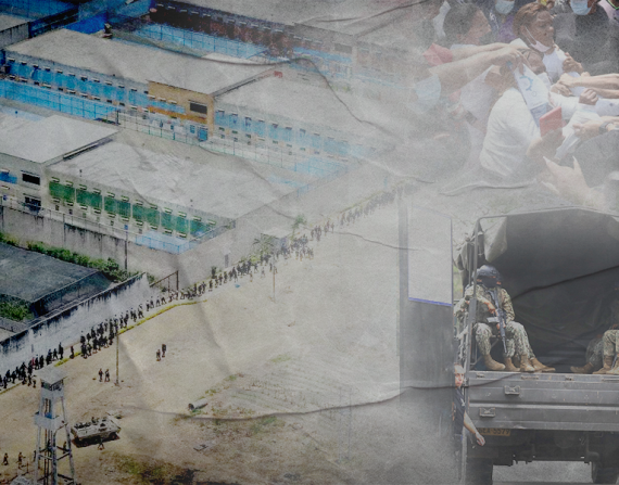 Ambulancias salen de la penitenciaría Litoral donde se presentó una riña entre policías y reos en Guayaquil. Arte: Jhosue Vite/Ecuavisa