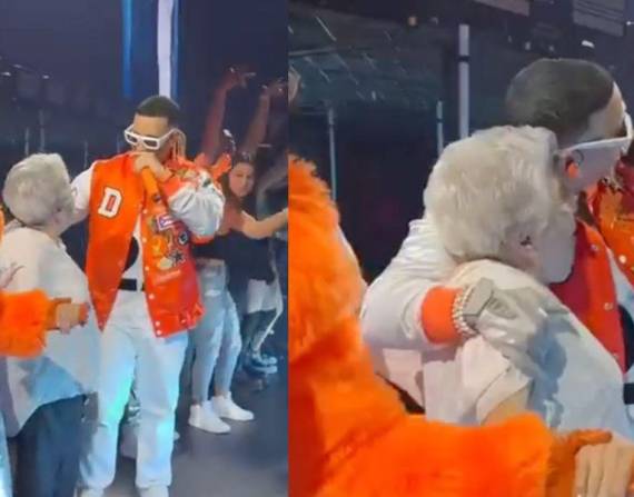Capturas de pantalla del momento entre Daddy Yankee y la señora de la tercera edad en el escenario.